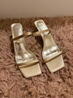 Gold Square-Toe Strappy Slide Heels - Women's